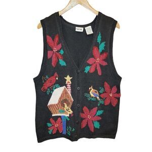 Vintage 80s 90s Poinsettia Cardinal Christmas Holiday Sweater Vest 1X